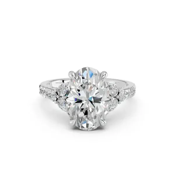 White gold Oval Cut Engagement Ring With Floral Side Clusters - KJR19072